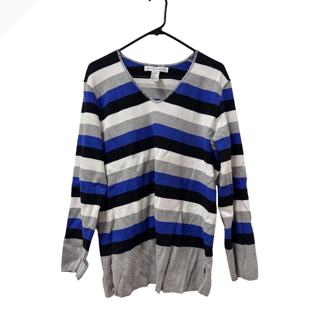 Vittadini Womens Blue Black White Striped Cotton V-Neck Sweater M Made in USA